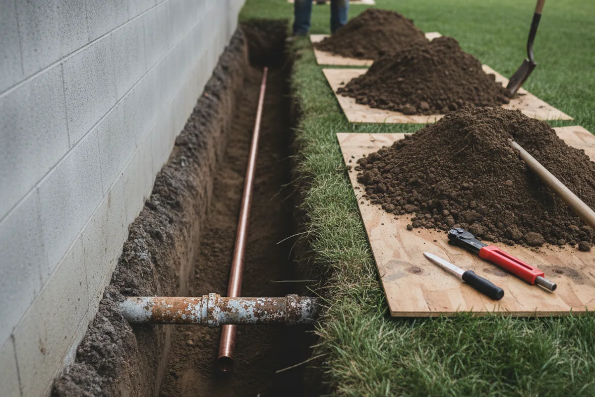 Excavated water line trench during Sewer Line Repair in Monmouth